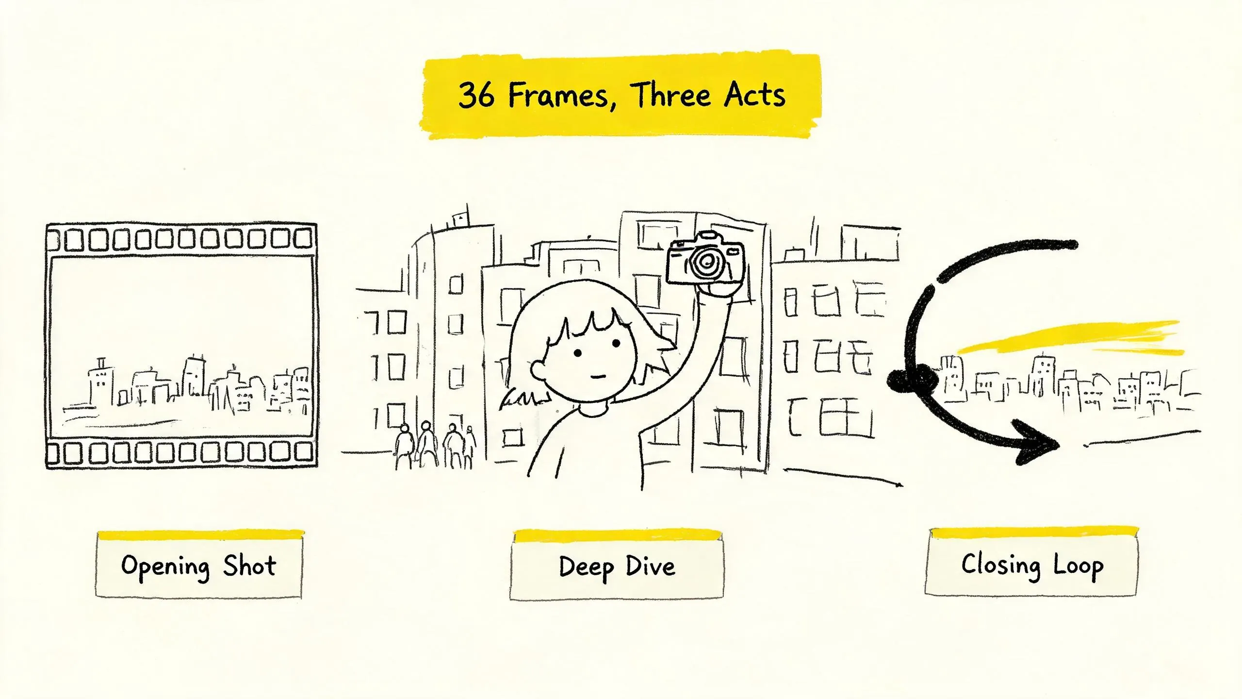 36 Frames, Three Acts